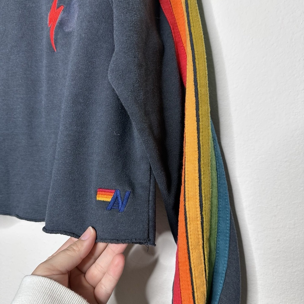 AVIATOR NATION Bolt Cropped Classic Five Stripe Crewneck Sweatshirt Charcoal S - Picture 2 of 6